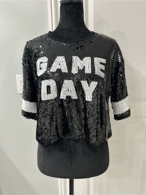 NWOT - Le Lis Black Sequin 'GAME DAY' Crop Top with White Accents
